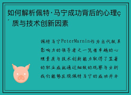 如何解析佩特·马宁成功背后的心理素质与技术创新因素 如何解析佩特·马宁成功背后的心理素质与技术创新因素