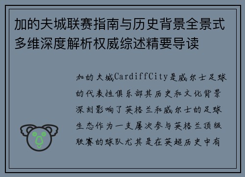 加的夫城联赛指南与历史背景全景式多维深度解析权威综述精要导读